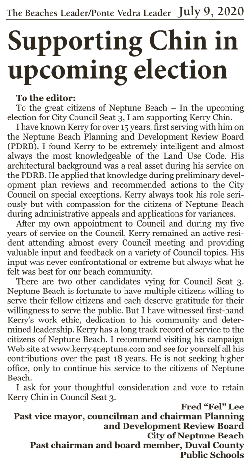 Letter of endorsement from Fred 'Fel' Lee in the June 9th Beaches Leader