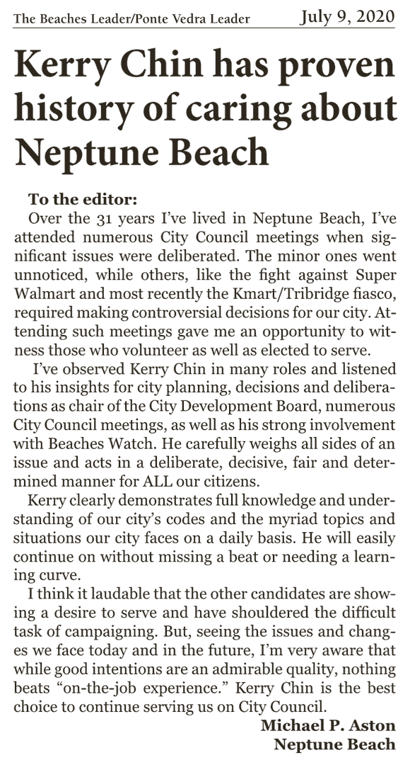 Letter of endorsement from Michael Aston in the June 9th Beaches Leader