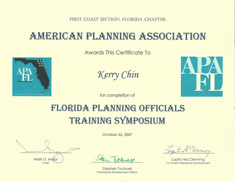 Certificate of training completion from the American Planning Association, for planning officials