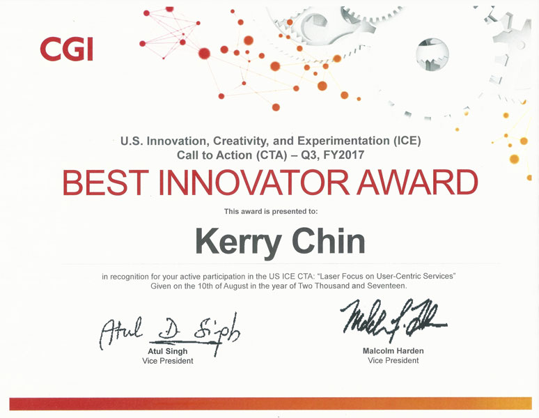 A Best Innovator award from my employer, CGI Federal, for my peer-reviewed project on user engagement