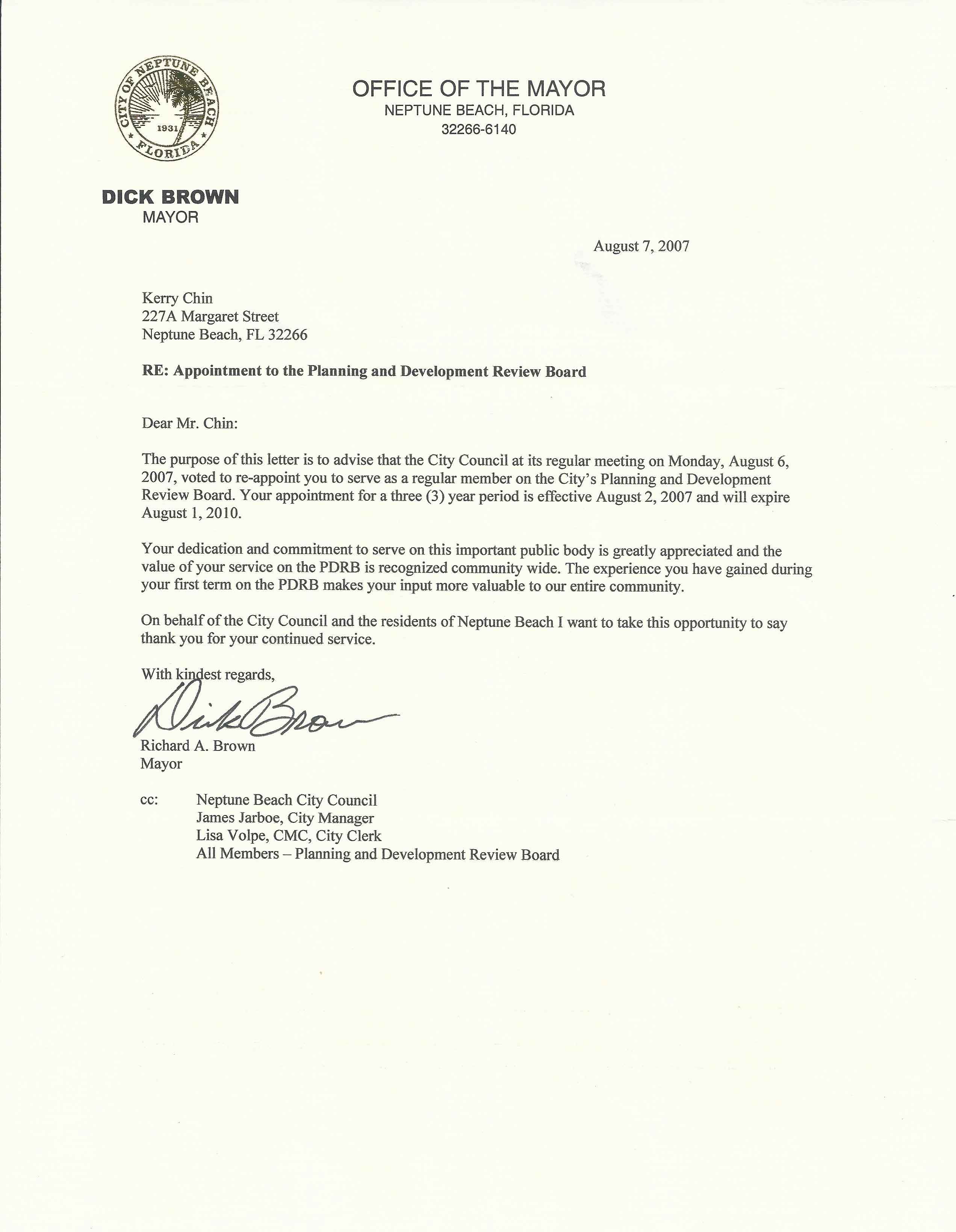 Re-appointment letter with compliments from Mayor Dick Brown and Council for serving on the Planning Board