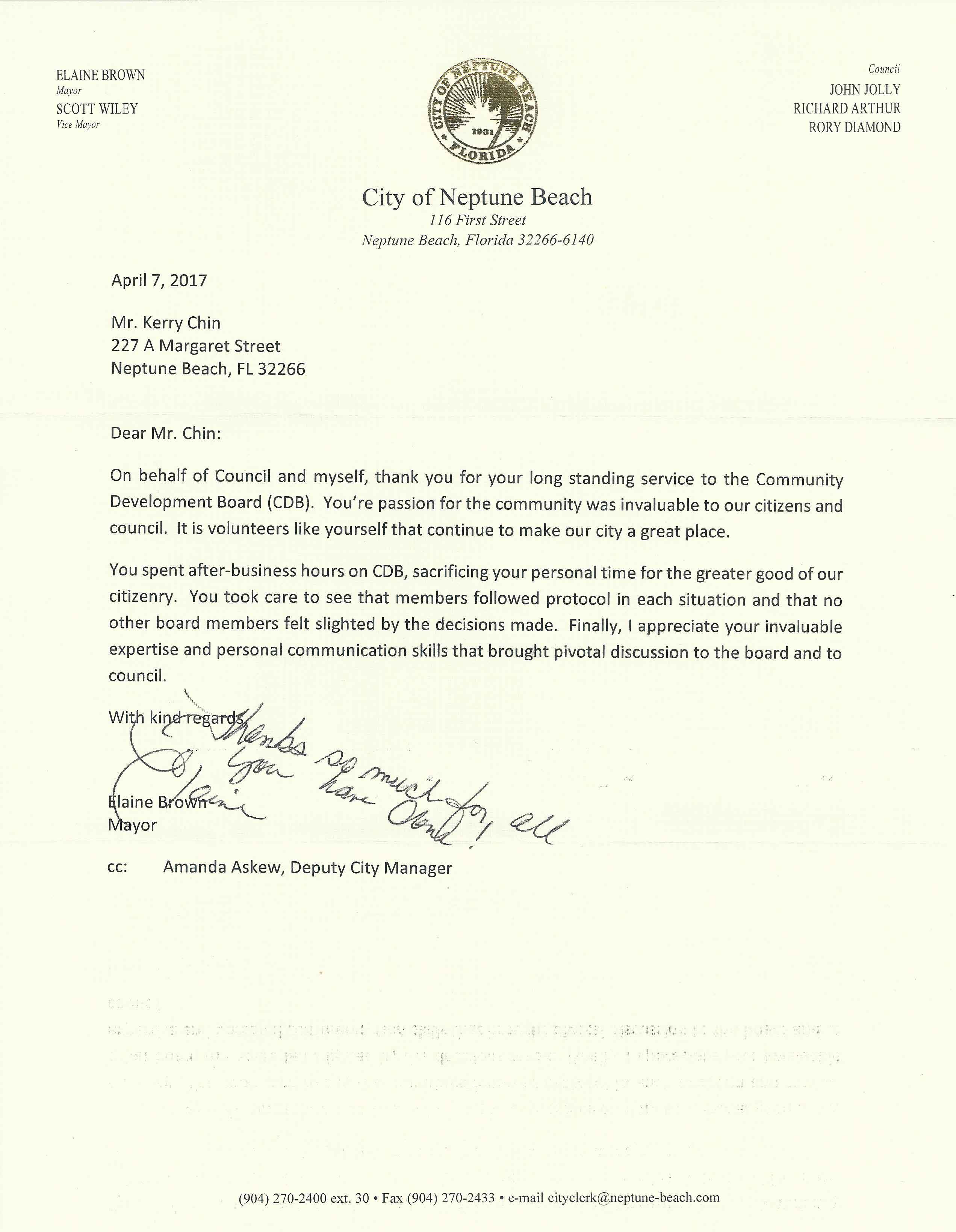 Letter of appreciation from Mayor Elaine Brown and Council thanking me for years of service on the Community Development Board